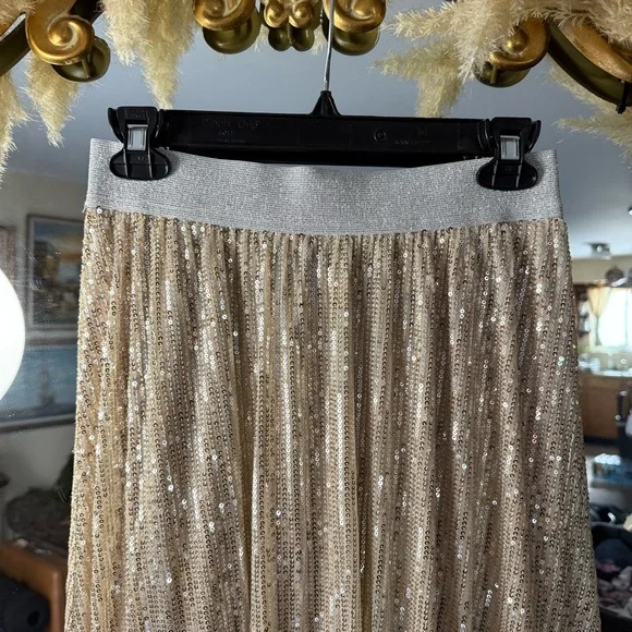 New York & Company Gold Sequin Maxi Skirt Elastic Waist - Picture 3 of 7